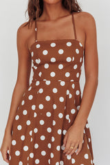 Second Glance Olga Criss-Cross Back Midi Dress Polka Dot Brown